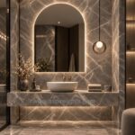 SOL smoky grey glass ring pendant light beside a bathroom vanity mirror