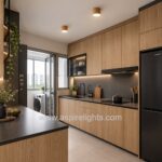 Oak wood surface mount downlights installed in a modern BTO kitchen with light wood cabinets