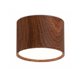 Walnut wood surface mount downlight with dark woodgrain finish and white diffuser