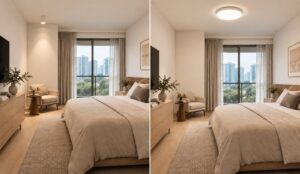 Surface mount downlight vs ceiling light: single downlight in the corner on the left, round flush-mount ceiling light on the right, same bedroom