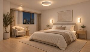 Bedroom lighting layered with a round ceiling light, a surface mount downlight and wall sconces for ambient and accent light