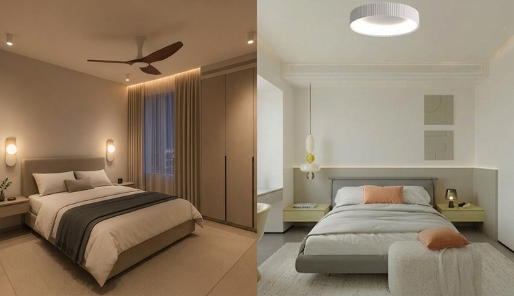 Surface mount downlight vs ceiling light: perimeter surface downlights in a bedroom on the left, round LED ceiling light on the right