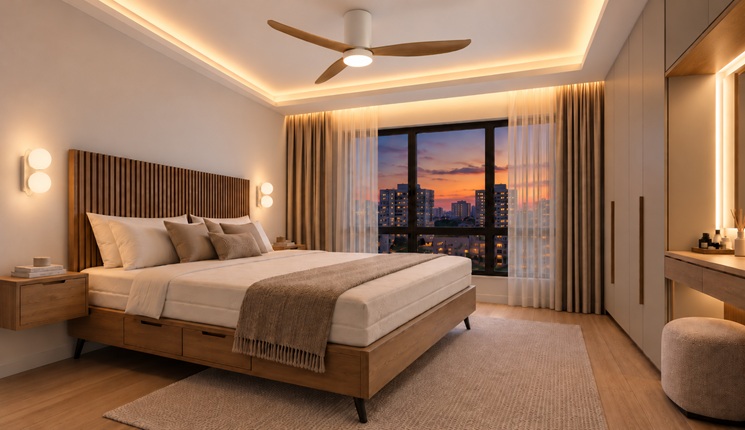 Comfortable bedroom ideas, with warm LED cove lighting, ceiling fan with light, bedside wall lights, sheer curtains and a mattress