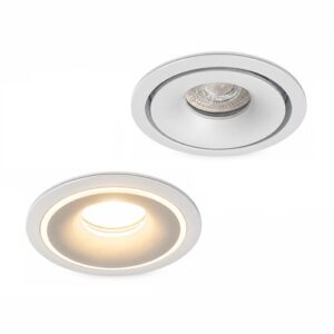 Halo V3 recessed detachable downlight shown with subtle halo glow when switched on and light off