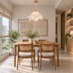 Japandi fabric pendant light above a wooden dining table