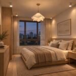Japandi Plisse fabric pendant light in a warm modern bedroom