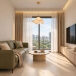 White Japandi fabric pendant light in a modern condo living room