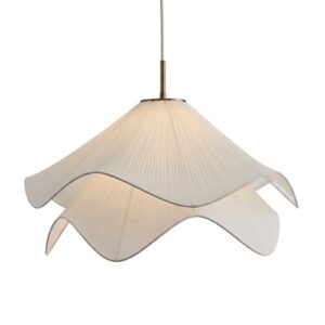 Plisse fabric pendant light glowing with warm white light