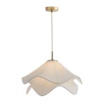 White Japandi Plisse fabric pendant light with brass canopy and adjustable cable