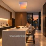Rectangle LED skylight with warm sunset lighting in a modern kitchen