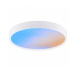 Round LED skylight with white surface mount frame and blue sky and sunset lighting effect