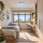 Surface mount skylight with blue sky effect in a bright HDB bedroom and study