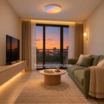 Round LED skylight showing sunset colours in a modern condo living room