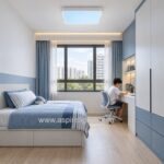 Square LED skylight in a blue and white child's bedroom with a study desk